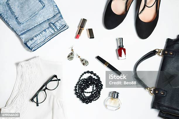 Collection Of Womens Clothing Isolated White Background Stock Photo - Download Image Now