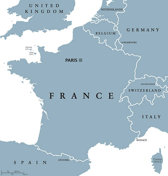 France political map France political map with capital Paris, Corsica, national borders and neighbor countries. Gray illustration with English labeling and scaling on white background. Illustration. benelux stock illustrations