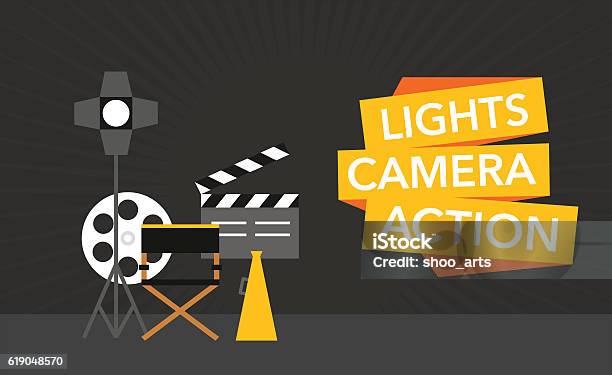 Cinema Flat Template Background Vector Stock Illustration - Download Image Now - Camera - Photographic Equipment, Motion, Lighting Equipment