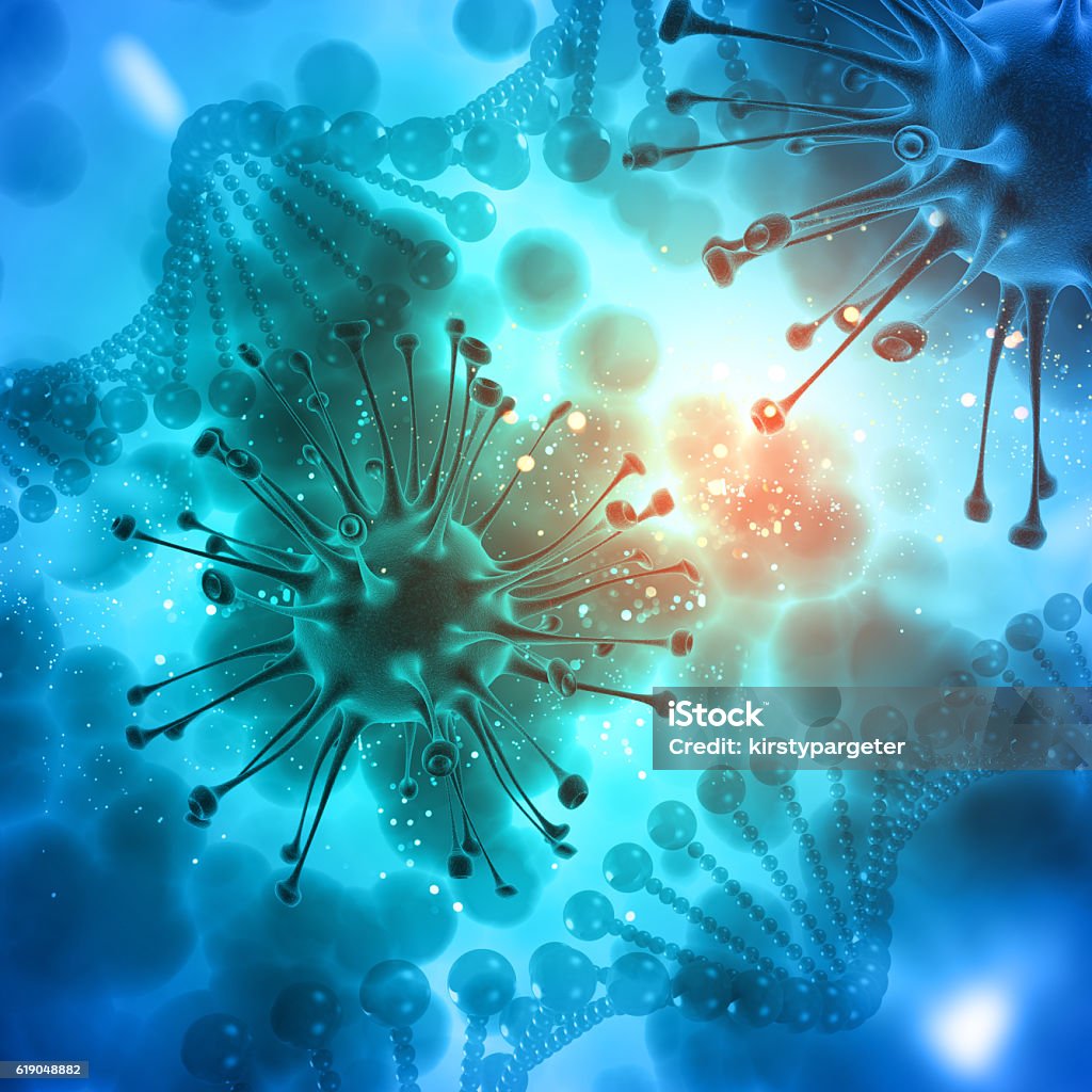 3D Medical background with virus cells and DNA strands 3D render of a medical background with virus cells and DNA strands Bacterium Stock Photo