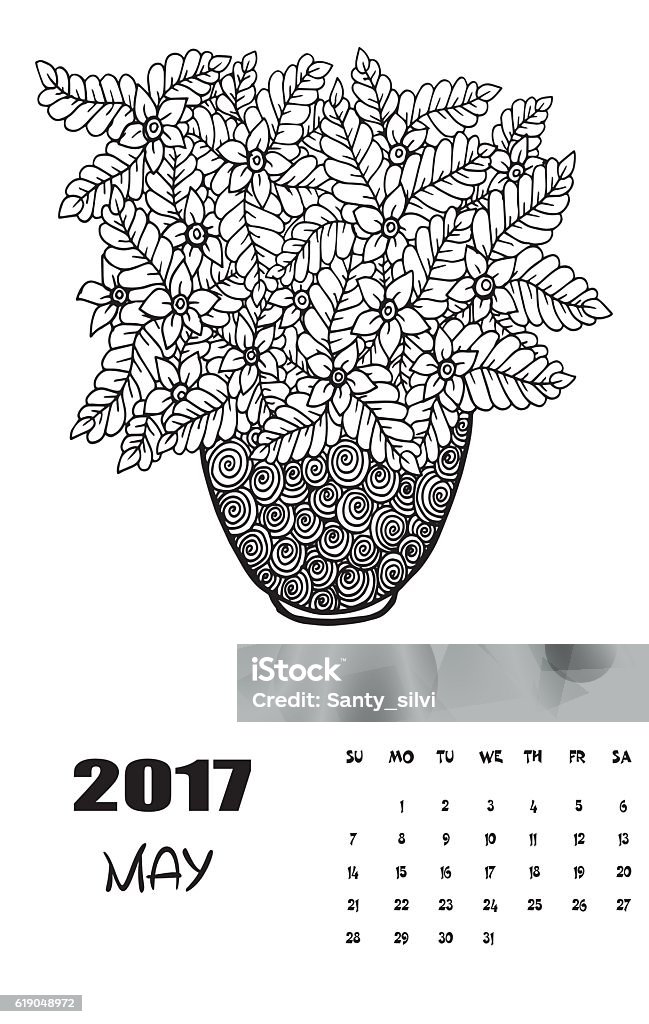 May, 2017 calendar. Line Art Black and white Illustration May, 2017 calendar. Line Art Black and white Illustration. Flower pot. Print anti-stress coloring page 2017 stock vector