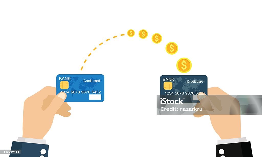 Money transfer Sending and receiving money with a credit card. Vector illustration, flat business concepts style isolated on white background. Credit Card stock vector