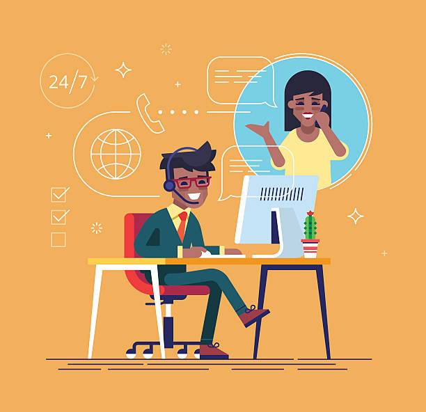 Black helpline operator consulting a client. African american helpline operator with headset consulting a client. Online global tech support 24 on 7. Operator and customer. Technical support concept. Vector illustration in flat design. hands free device illustrations stock illustrations