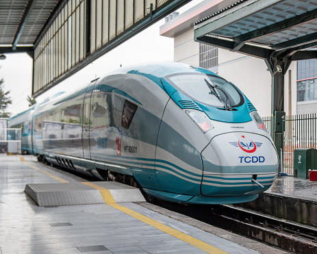 Ankara, Turkey - October 29, 2016: Photo of the new high speed train high speed train while leaving Ankara railway station. The train in the photo is the newest high speed train used by TCDD. The train in the photo is produced by Siemens. 