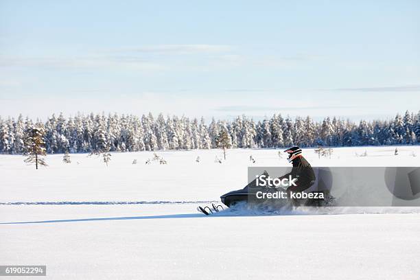 Man Driving Snowmobile In Finland Stock Photo - Download Image Now - Snowmobile, Snowmobiling, Finnish Lapland