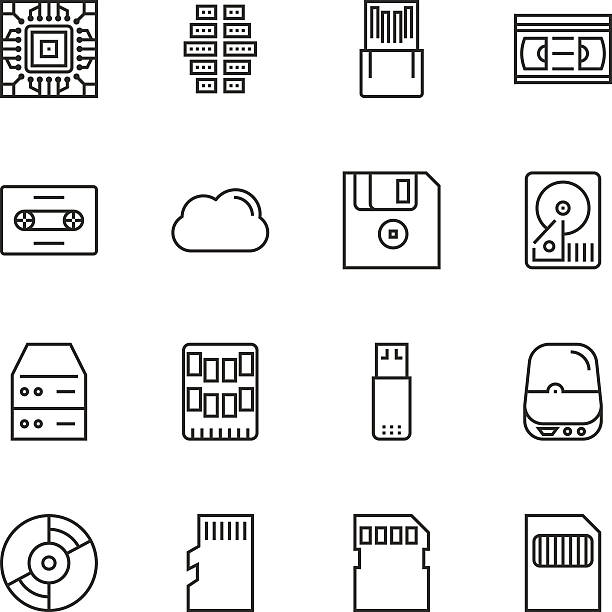 ilustraciones, imágenes clip art, dibujos animados e iconos de stock de conjunto de iconos de línea vectorial de almacenamiento de datos - usb cable usb flash drive flash memories