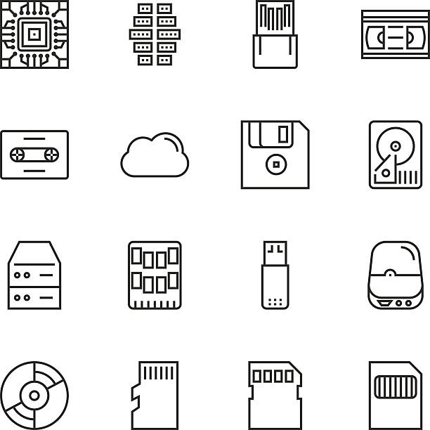 ilustrações, clipart, desenhos animados e ícones de conjunto de ícones da linha vetorial de armazenamento de dados - usb flash drive illustrations