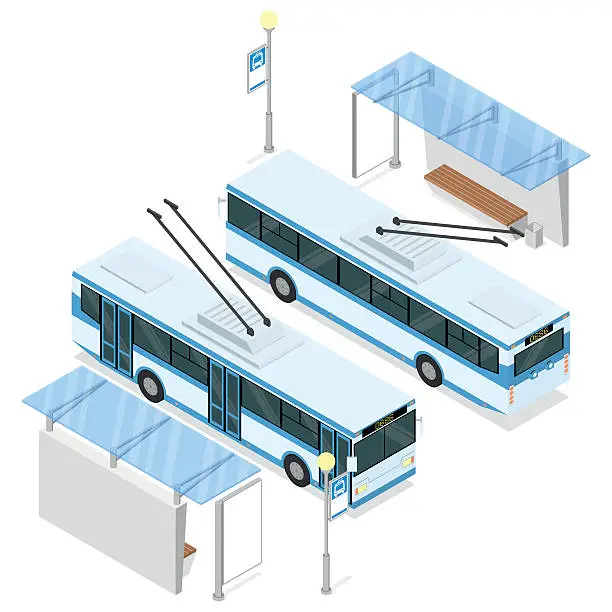 Vector illustration of Trolleybus and trolley bus shelter.