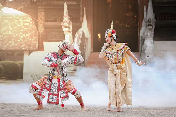 Hanuman and Suvannamaccha in Thai classical mask dance of the Ramayana drama