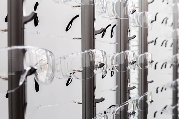 istock Showcase stand with protective eyewear glasses 619053732