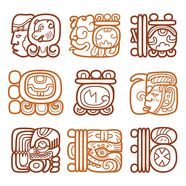 마야어 글리프, 쓰기 시스템 및 languge 벡터 디자인식 - mayan stock illustrations