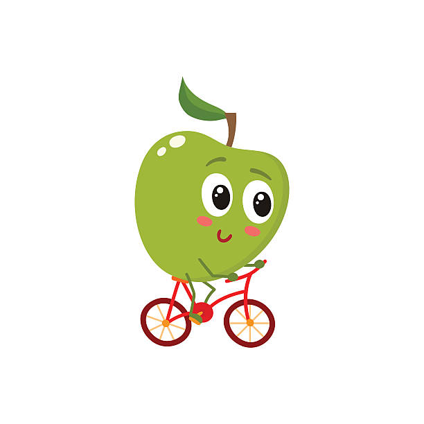 ilustrações de stock, clip art, desenhos animados e �ícones de green cheerful smiling apple riding a bicycle - food smiling human eye facial expression