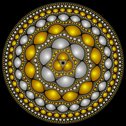 Some medieval shields sported intricate designs, with a central boss. This is a 3D fractal render in a circular shape that could act as a texture for a shield. It has a simulated silver-gold metal finish and intricate mathematical shapes as decoration. While the final render resembles a round shield, it is a mathematical structure that might be hard to really construct.