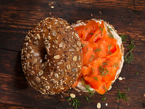 Smoked Salmon Bagel with Cream Cheese and Fresh Dill -Photographed on Hasselblad H3D2-39mb Camera