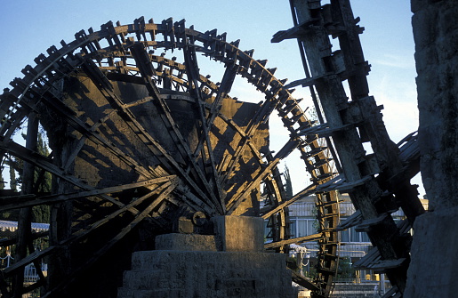 a traditional norias wooden water wheelsl in the city of Hama in Syria in the middle east