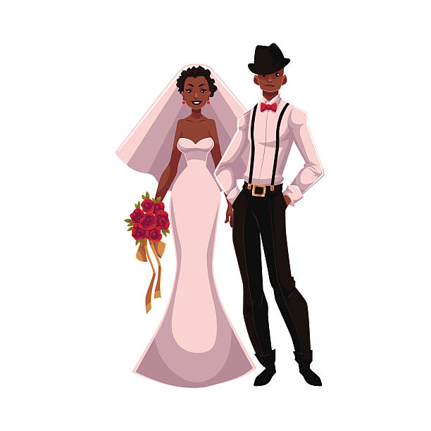 African American just married couple, black bride and groom African American just married couple, bride and groom, cartoon vector illustration isolated on white background. Black bride and groom in fashionable clothing getting married african bride and groom stock illustrations