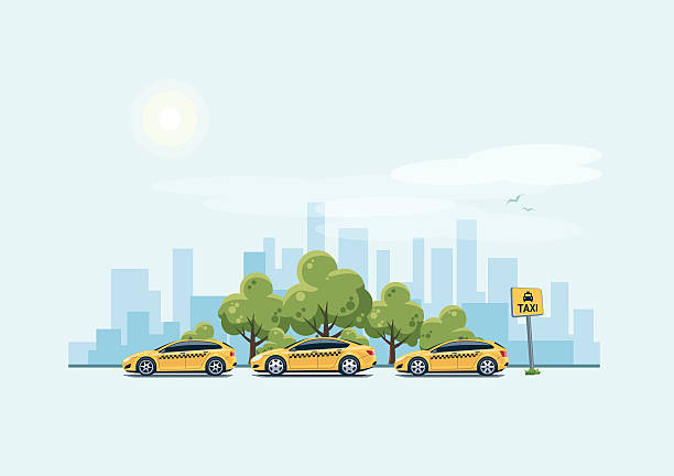 parking taksówki i tło miasta - car stationary blue sky stock illustrations