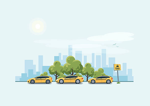 парковка такси автомоби�ли и городской фон - car stationary blue sky stock illustrations