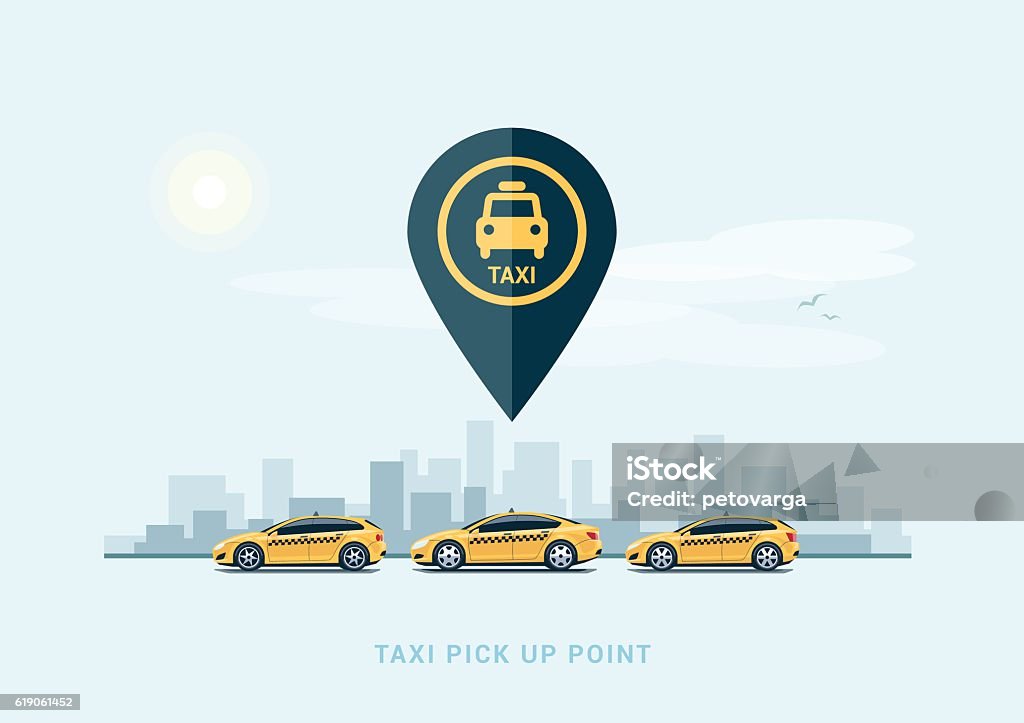 Aparcamiento de coches de taxi y antecedentes de la ciudad - arte vectorial de Taxi compartido libre de derechos