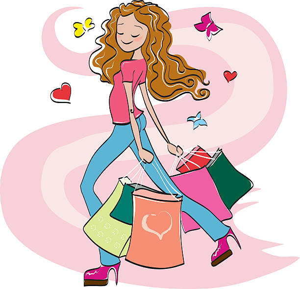 Young dreamy girl with hands full of shopping bags vector art illustration