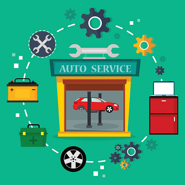 Car service in garage Car service in garage, mechanic service concept. Vector illustration, flat design white background level hand tool white stock illustrations