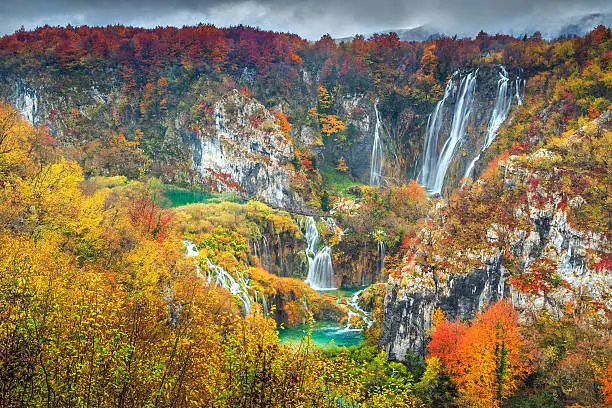 Stunning view of the most famous waterfalls in Plitvice National Park,Croatia,Europe