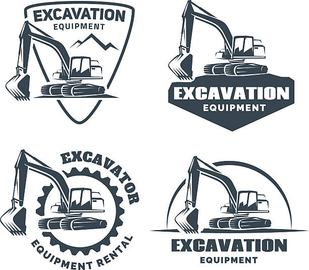 Set of excavator emblems and badges isolated on white background. Set of excavator emblems and badges isolated on white background. Constructing equipment design elements. digging stock illustrations
