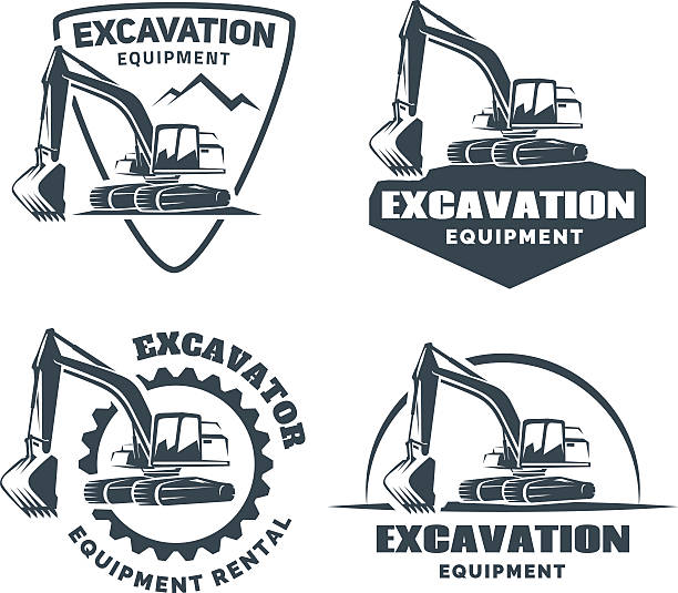 Set of excavator emblems and badges isolated on white background. Set of excavator emblems and badges isolated on white background. Constructing equipment design elements. mechanical digger stock illustrations