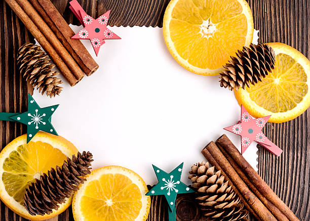 istock Christmas background Orange cinnamon stick cones snow Copy space Frame 619064384