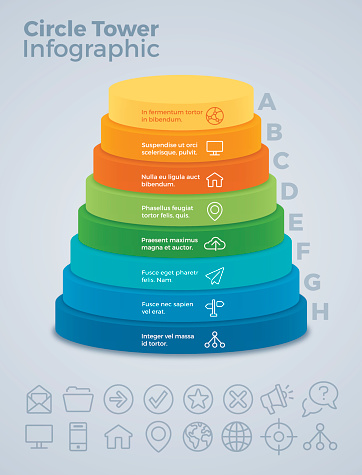 Vertical eight option circle tower infographic concept. EPS 10 file. Transparency effects used on highlight elements.