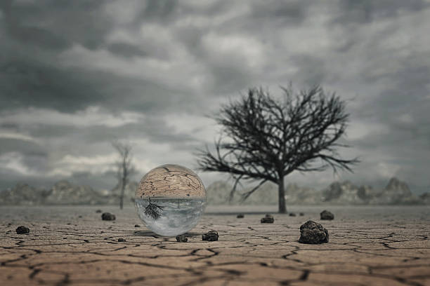 3d rendering of crystal ball at dry soil landscape with trees and clouds