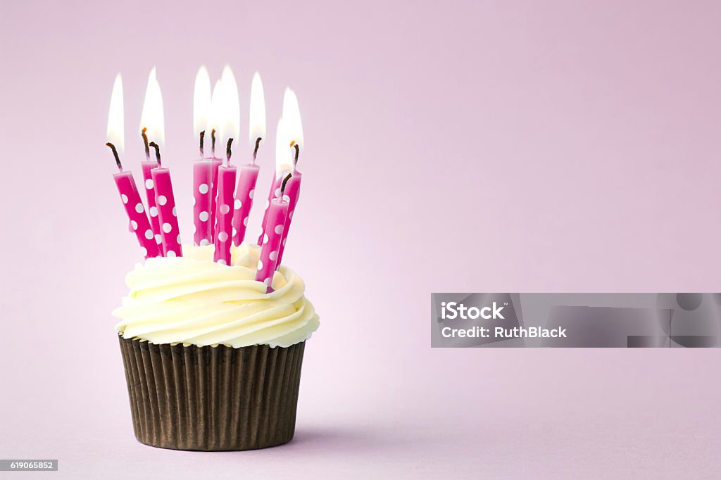 Birthday cupcake Cupcake decorated with birthday candles Backgrounds Stock Photo