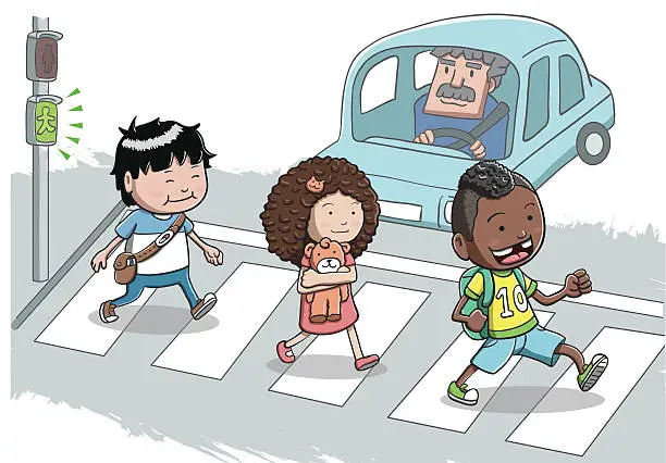 Vector illustration of Three Kids crossing the street