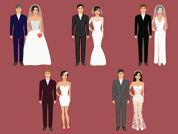 ilustraciones, imágenes clip art, dibujos animados e iconos de stock de vector ropa de boda, ropa de vestir diferentes trajes - wedding groom bride two parent family