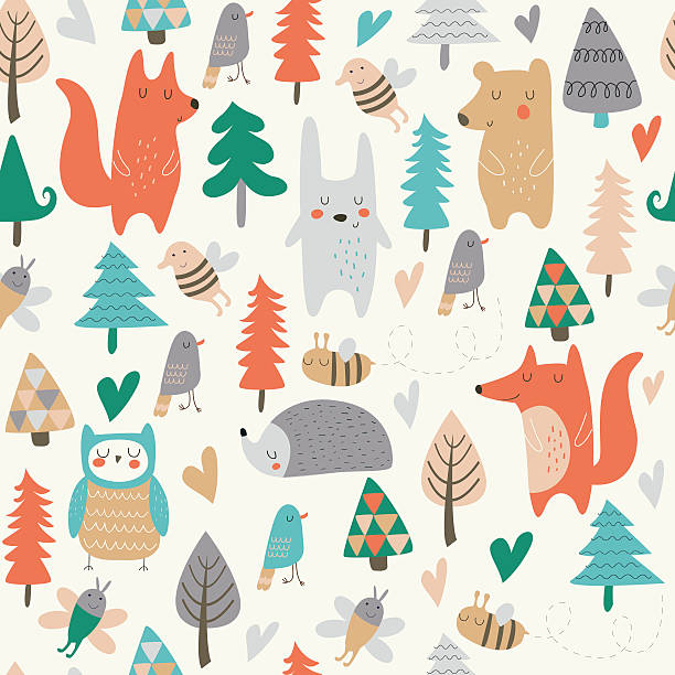 seamlessforestlittleanimalsgrey Seamless background with cute forest animals and trees in cartoon style baby illustration stock illustrations