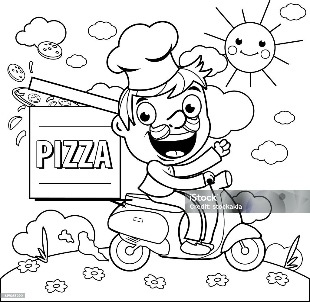 Pizza delivery chef in scooter coloring page A cartoon pizza delivery man in chef uniform riding a scooter and delivering a pizza. Black and white coloring page illustration Coloring Book Page - Illlustration Technique stock vector