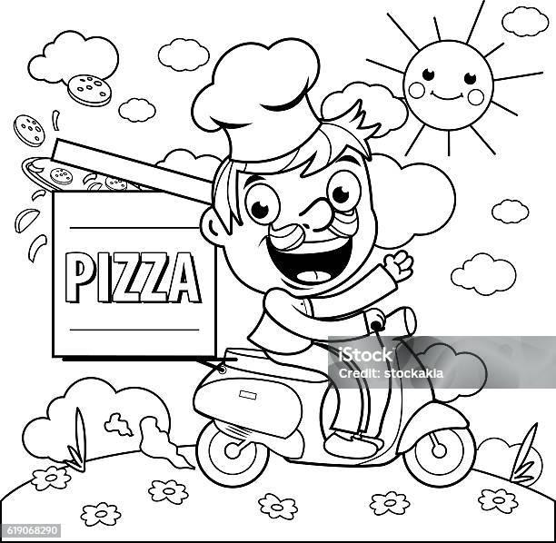 Pizza Delivery Chef In Scooter Coloring Page Stock Illustration - Download Image Now - Coloring Book Page - Illlustration Technique, Pizza, Coloring