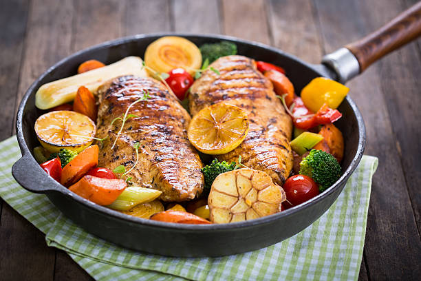 istock Grilled chicken breast and vegetables in the pan 619069288