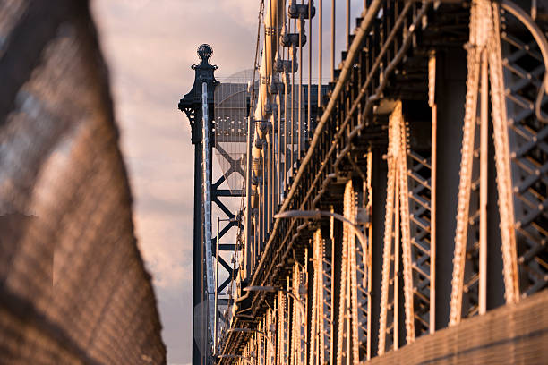 New York bridge connecting Manhattan and Brooklyn. Brooklyn landmark. Brooklyn bridge in New York. Architecture of historic bridge in Brooklyn. Bridge of New York city.