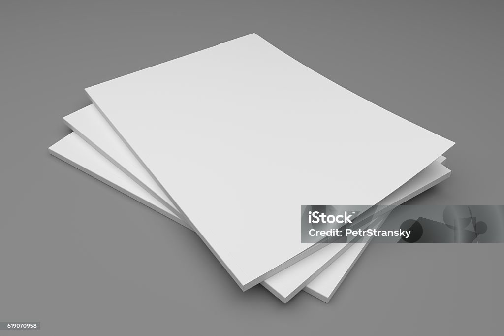 Empty 3D illustration blank stack of magazines on gray. Blank empty stack of magazines or books on a gray background with shadows. 3D illustration mockup. Stack Stock Photo
