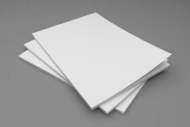 Blank empty stack of magazines or books on a gray background with shadows. 3D illustration mockup.
