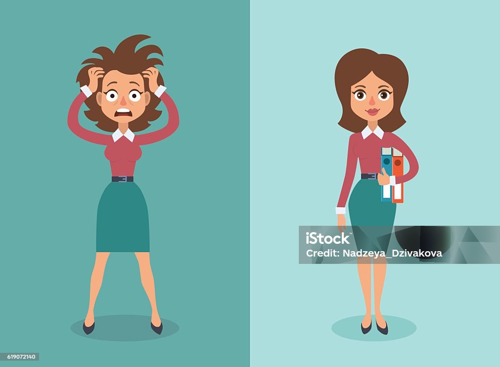 Businesswoman Vector illustration of cute cartoon brunette businesswoman in stress and calm states.  Emotional Stress stock vector