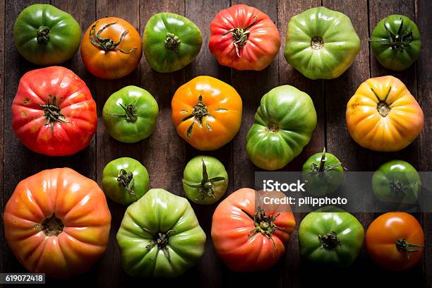 Colorful Organic Tomatoes On Wooden Table Stock Photo - Download Image Now - Agriculture, Autumn, Backgrounds