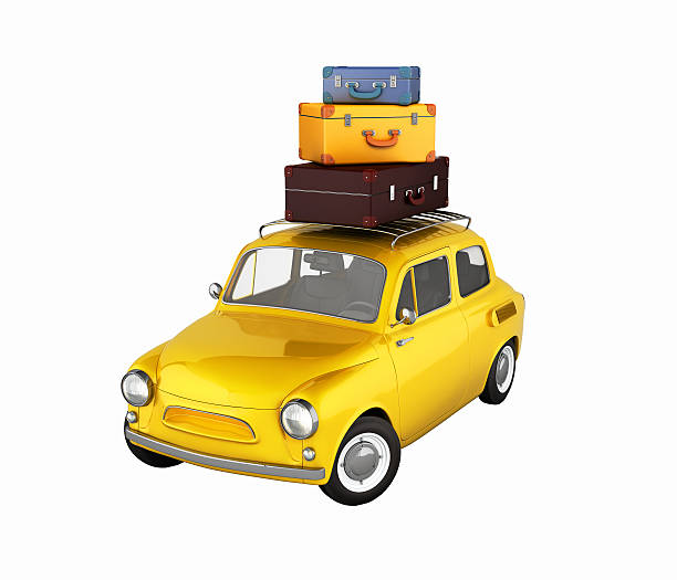 Little retro car with bags, travel concept witout shadows Little retro car with bags, travel concept witout shadows isolated on white background 3d illustration witout stock pictures, royalty-free photos & images