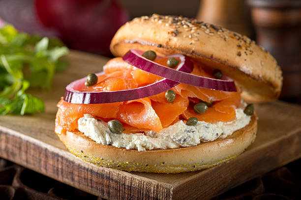 Toasted Bagel with Smoked Salmon and Cream Cheese stock photo