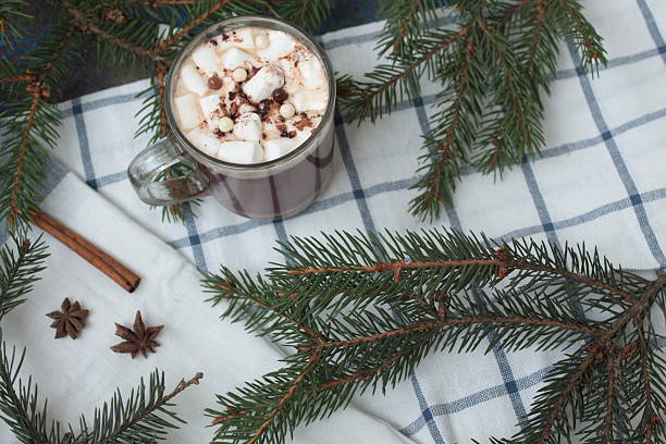 istock Christmas hot cocoa with marshmallows and milk. tree branches, 619077808