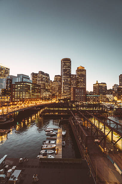 istock Boston marina skyline at dusk with sunlight 619079834