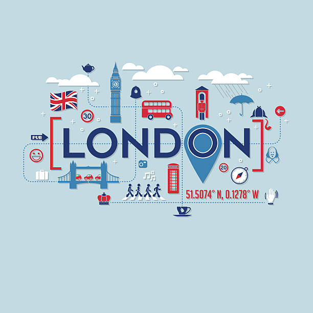 런던 아이콘과 카드, 티셔츠, 포스터용 타이포그래피 디자인 - uk map british flag england stock illustrations