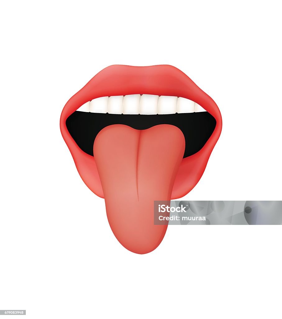 boca abierta con labios rojos y lengua que sobresale - arte vectorial de Mujeres libre de derechos