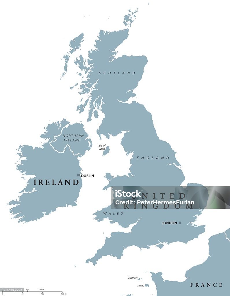 Ireland and United Kingdom political map Ireland and United Kingdom political map with capitals Dublin and London and with national borders. Gray illustration of British Isles with English labeling and scaling on white background. Map stock vector